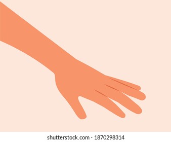 Imagen plana Vector de una mano manipulada aislada en fondo blanco. La mano de la mujer estirando la palma hacia arriba. Atención cosmética manual masculina o femenina. Hermosa mano femenina especifica por gesto 