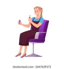 Manicurista no avental com esmalte de unha. Salão de unhas. Ilustração plana vetorial isolada sobre fundo branco. Estilistas de desenhos animados fazendo gel revestimento polido. Salão de beleza, elegante estúdio de moda serviço