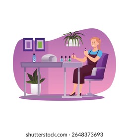 Manicurista no avental com esmalte de unha no interior do salão de unhas. Ilustração plana vetorial isolada em moldura decorativa. Cartoon Salão de beleza, elegante estúdio de moda serviço
