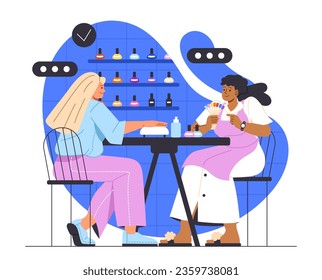 Manicurist with client concept. Woman make manicure for client. Beauty procedures and SPA treatments. Aesthetics and elegance. Nail polish for care about fingernails. Cartoon flat vector illustration