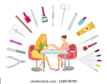 Manicurist and client, manicure procedure and set of tools. File and scissors, lotions and separator toenails, essential oils vector nail polish instruments