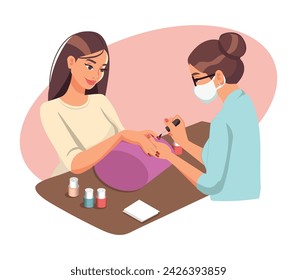 Manicurist doing manicure to a client, vector illustration