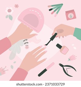 Manicurist doing procedure with nail polish. Caucasian woman at manicure salon. Beauty salon interior. Manicure tools on table. Nails and beauty. Gel laque. Gel polish. Top view. vector illustration