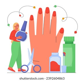 Manicurist with gels concept. Young girl near hand with red nail polish for fingernails. Beauty and elegance. Make up and cosmetics. Cartoon flat vector illustration isolated on white background