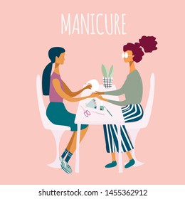 Manicurist or girl  with glasses performing manicure and her client surrounded by tools and cosmetics for nail care. Design concept for cosmetics, beauty salon and spa. Manicure or nail studio poster.