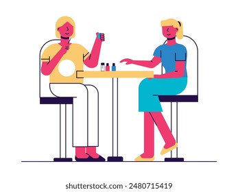 Manicurist master polishing client's hands, women relaxing and decorating nails. Character design. Vector flat illustration