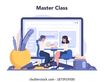 Manicurist online service or platform. Beauty salon worker. Nail treatment and design. Online master class. Isolated vector illustration