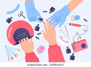 Manicurist painting customers nails flat vector illustration. Top view of table with nail tools. Woman drying nails in ultraviolet lamp. Manicure salon, beauty service concept