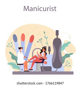Manicurist service concept. Beauty salon worker. Nail treatment and design. Manicure master is doing a manicure. Isolated vector illustration