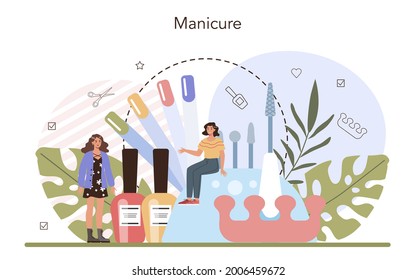 Manicurist service concept. Beauty salon worker. Nail treatment and design. Manicure master is doing a manicure, pedicure and nail art. Isolated vector illustration