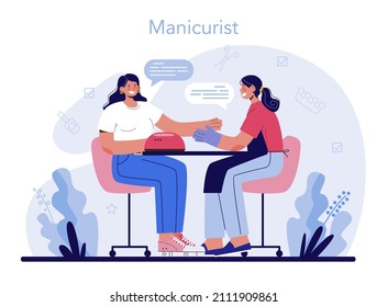 Manicurist service concept. Beauty salon worker. Nail treatment and design. Manicure master is doing a manicure, pedicure and nail art. Isolated vector illustration