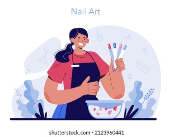 Manicurist service concept. Beauty salon worker. Nail treatment and design. Manicure master is doing a manicure, pedicure and nail art. Isolated vector illustration