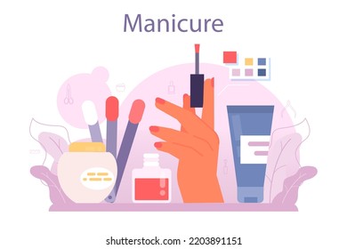 Manicurist service concept. Beauty salon worker. Nail treatment and design. Manicure master is doing a manicure, pedicure and nail art. Flat vector illustration