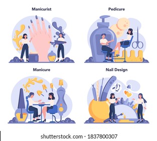 Manicurist service concept set. Beauty salon worker. Nail treatment and design. Manicure master is doing a manicure, pedicure and nail design. Isolated vector illustration