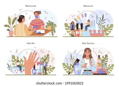 Manicurist service concept set. Beauty salon worker. Nail treatment and design. Manicure master is doing a manicure, pedicure and nail art. Isolated vector illustration