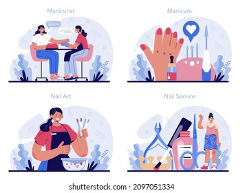 Manicurist service concept set. Beauty salon worker. Nail treatment and design. Manicure master is doing a manicure, pedicure and nail art. Isolated vector illustration