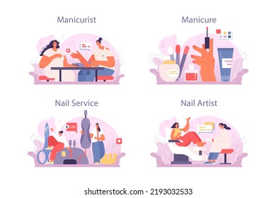 Manicurist service concept set. Beauty salon worker. Nail treatment and design. Manicure master is doing a manicure, pedicure and nail art. Flat vector illustration