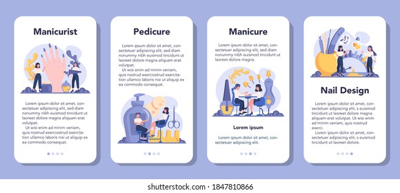 Manicurist service mobile application banner set. Beauty salon worker. Nail treatment and design. Manicure master is doing a manicure, pedicure and nail design. Isolated vector illustration