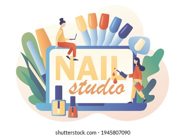 Manicurist service. Nail studio - text on laptop screen. Beauty salon concept. Manicure master and client. Different tools for manicure procedures. Modern flat cartoon style. Vector illustration