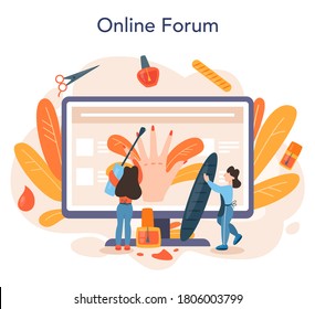Manicurist service online service or platform. Beauty salon worker. Manicure master doing a manicure. Online forum. Isolated vector illustration