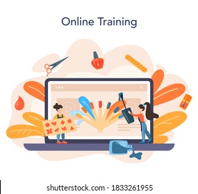 Manicurist service online service or platform. Beauty salon worker. Manicure master doing a manicure. Online training. Isolated vector illustration