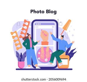 Manicurist service online service or platform. Beauty salon worker. Manicure master is doing a manicure, pedicure and nail art. Photo blog. Vector illustration