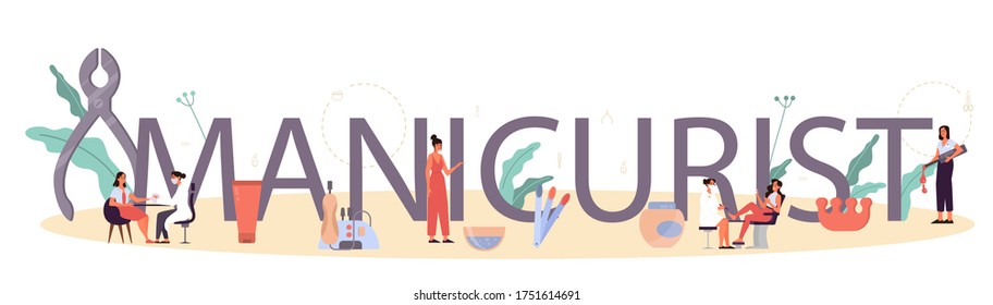 Manicurist service typographic header concept. Beauty salon worker. Nail treatment and design. Manicure master is doing a manicure. Isolated vector illustration