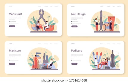 Manicurist Service Web Banner Or Landing Page Set. Beauty Salon Worker. Nail Treatment And Design. Manicure Master Is Doing A Manicure. Isolated Vector Illustration