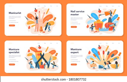 Manicurist service web banner or landing page set. Beauty salon worker. Nail treatment and design. Manicure master is doing a manicure. Isolated vector illustration