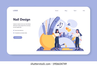Manicurist service web banner or landing page. Beauty salon worker. Nail treatment and design. Manicure master is doing a nail design. Isolated vector illustration