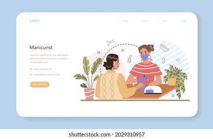 Manicurist service web banner or landing page. Beauty salon worker. Nail treatment and design. Manicure master is doing a manicure, pedicure and nail art. Isolated vector illustration