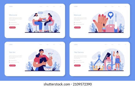 Manicurist service web banner or landing page set. Beauty salon worker. Nail treatment and design. Manicure master is doing a manicure, pedicure and nail art. Isolated vector illustration