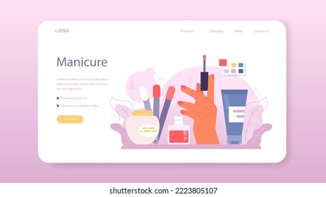 Manicurist service web banner or landing page. Beauty salon worker. Nail treatment and design. Manicure master is doing a manicure, pedicure and nail art. Flat vector illustration