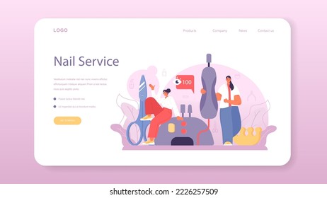 Manicurist service web banner or landing page. Beauty salon worker. Nail treatment and design. Manicure master is doing a manicure, pedicure and nail art. Flat vector illustration