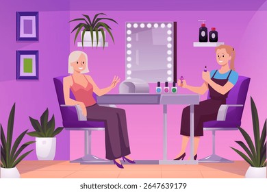 Manicurista trabalhando com cliente em Nail Salon. Ilustração plana vetorial. Estilistas de desenhos animados fazendo gel revestimento polonês para a mulher. Salão de beleza, interior de estúdio elegante, serviço de moda
