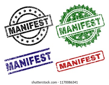 MANIFEST seal prints with damaged style. Black, green,red,blue vector rubber prints of MANIFEST text with grunge style. Rubber seals with circle, rectangle, medallion shapes.