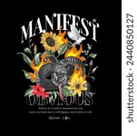 manifest slogan with black snake and flowers hand drawn vector illustration on black background