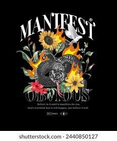 manifest slogan with black snake and flowers hand drawn vector illustration on black background