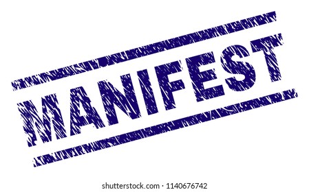 MANIFEST stamp seal watermark with grunge style. Blue vector rubber print of MANIFEST text with grunge texture. Text tag is placed between parallel lines.