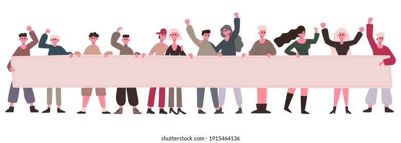 Manifestation activists. Protest people hold blank banner, political activist demonstration parade. Manifesting people group vector illustration set. Woman activist and man parade with banner