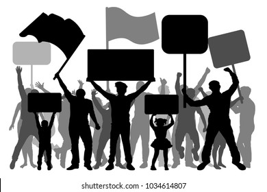 Manifestation, demonstration, protest, revolution, strike. A crowd of people with flags, banners. Isolated on white background, vector silhouette