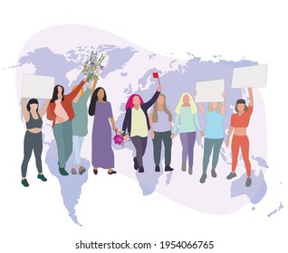 Manifestation gender, demonstration and protest, political rights feminist, rebellion and solidarity, fight and social riot, vector women picket, action people illustration