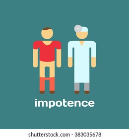 Manifestation of impotence, consult doctor. Vector illustration. Impotence problems concept. Manifestation of impotence treatment to doctor. Doctor Urologist professional. Medical people icon