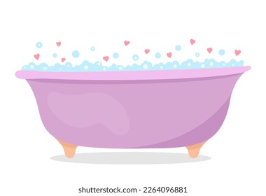 A manifestation of love for your body. The bath is filled with foam for relaxation and body care. Self-help. Cartoon vector illustration.