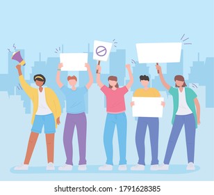 manifestation male and female protesters or activists with megaphone and placards vector illustration