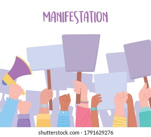 manifestation protest activists, crowd of people raising hands using a megaphone and placards vector illustration