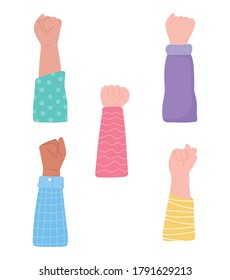 manifestation protest activists, different raised hands protesting vector illustration