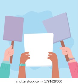 manifestation protest activists, group hands with billboards social protester vector illustration