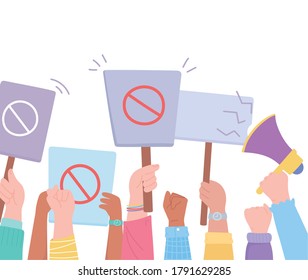 manifestation protest activists, hands up holding prohibition sign and megaphone vector illustration