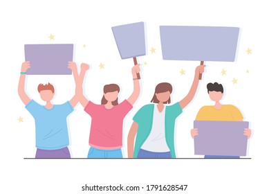 manifestation protest activists, people protest with banners cartoon vector illustration